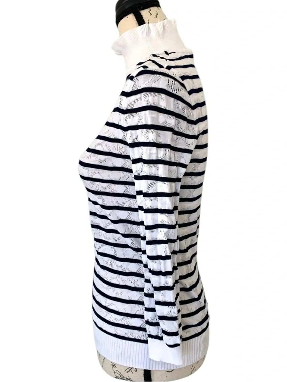Chloe Ruffled  Turtleneck Striped Sweater White & Navy  Size S - Picture 4 of 6
